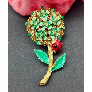 Adorable Gold Tone & Green Enamel Flower Brooch Ladybug Rhinestones 2 Inch